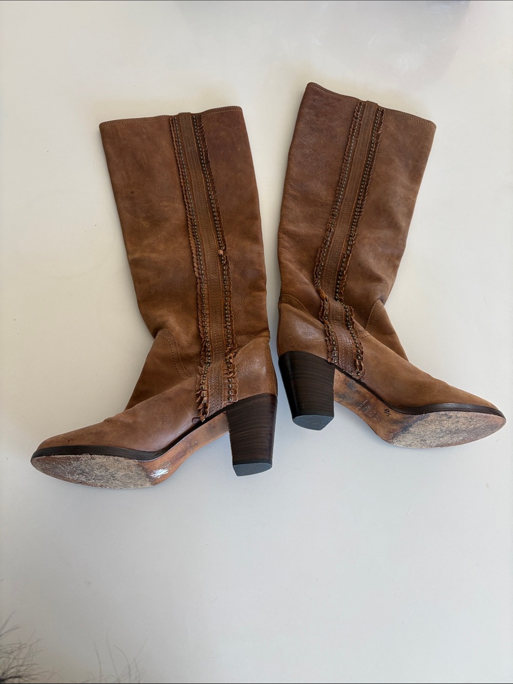 Frye Cognac Brown Scallop Studded Trim Leather Knee High Boots - Picture 11 of 17